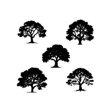 Meşe ağaçlarının silueti meşe ağacı logo vektörünün bir parçası yeşil doğal bahçe sembolü, ekoloji orman element ikonu koleksiyonu seti