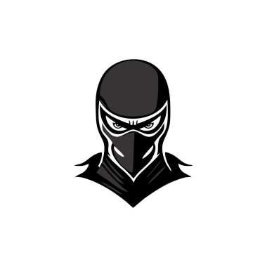 Ninja yüzlü Shinobi maskotu sembolü logosu, suikastçı samuray baş siluet simgesi klipsi. beyaz arkaplanda izole.