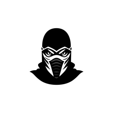 Ninja yüzlü Shinobi maskotu sembolü logosu, suikastçı samuray baş siluet simgesi klipsi. beyaz arkaplanda izole.