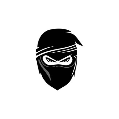 Ninja yüzlü Shinobi maskotu sembolü logosu, suikastçı samuray baş siluet simgesi klipsi. beyaz arkaplanda izole.