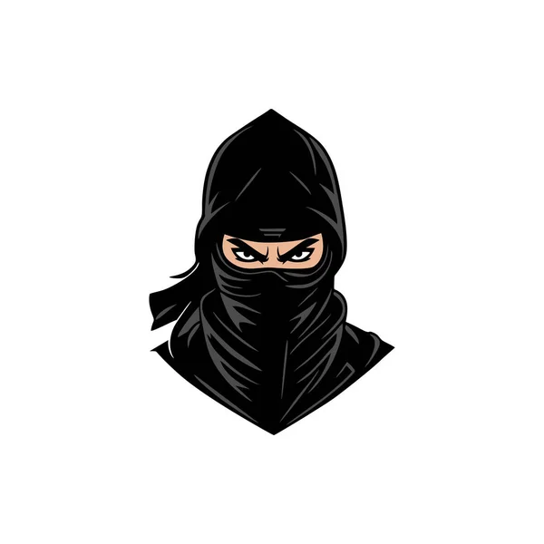 Ninja suikastçı maskotu ikonu Shinobi baş logo taşıyıcısı, samuray yüzü siluet sembolü Clipart. beyaz arkaplanda izole.