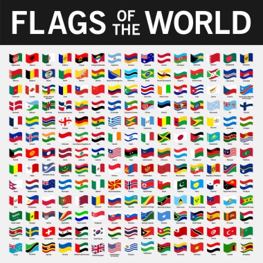 Dünyadaki tüm ulusal bayrakların isimleri. Ülkeler bayrak sallıyor, clipart vektör tasarımı.