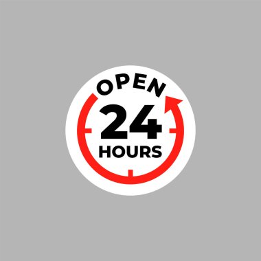24 saatlik çıkartma vektör işareti. Müşteri hizmetleri etiketi, 24 saat / hafta desteği Clipart Aç.