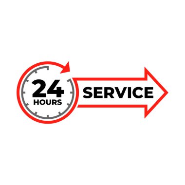 24 saatlik vektör etiketi. Müşteri hizmetleri etiketi Clipart, hızlı dağıtım bilgi sembolünü destekler.