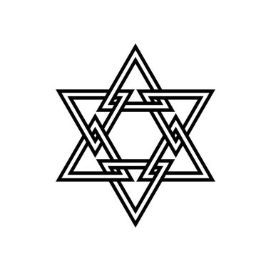 Altı köşeli geometrik yıldız figürünün altıgen sembolü. Eşkenar üçgenin altıgen logosu, beyaz arkaplanda izole..