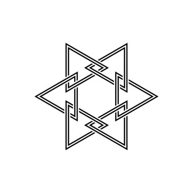 Altı köşeli geometrik yıldız figürünün altıgen sembolü. Eşkenar üçgenin altıgen logosu, beyaz arkaplanda izole..