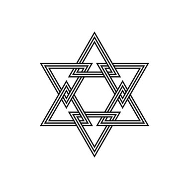 Altı köşeli geometrik yıldız figürünün altıgen sembolü. Eşkenar üçgenin altıgen logosu, beyaz arkaplanda izole..