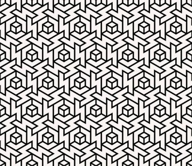 Geometrik tekrarlama sanatı. Yazdırılabilir vektörün kusursuz şablon arka planı. Arkaplan tasarımının iç içe geçmiş düğümleri arka plan kapağı.