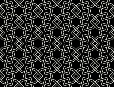 Grafik Tekerrür Sanatı tasarımı. Yazdırılabilir vektörün geometrik kusursuz deseni. Bağlı düğüm kapağı arkaplan düzeni tasarımları.