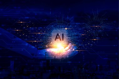 Yapay Zeka robot eli yapay zeka teknolojisi hologram sembolünü tutuyor, teknoloji yapay zeka ve yapay zeka öğrenme arka plan kavramları üretiyor, sohbet robotu 3D ile geleceksel teknoloji dönüşümü