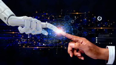 Yapay zeka, makine öğrenimi, robot ve insanın elleri analog ve dijital dönüşüm algoritmaları, yapay zeka teknolojisi, yenilikçi fütüristik iş dünyası ile büyük veri alışverişine dokunuyor..