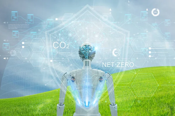 Artificial intelligence robot learning to protect the earth from greenhouse gas emissions target on earth, Ecology, Social Responsibility and Sustainability. CO2 Net-Zero Emission