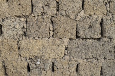 Old mud bricks wall closeup