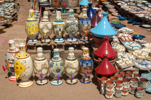 Colorful and various moroccan ceramics on street market in Morocc