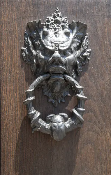 New knocker in the shape of devil\'s head on wooden door close u