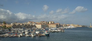 Coastline of old town Chania with port, lighthouse and fortress venetian Firka in Crete, Greece, Europ clipart