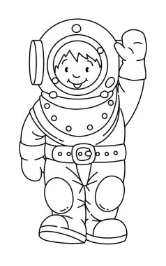 Ağır dalış takımlı komik bir dalgıç. Çocuk vektör çizimi. Çocuklar için şirin bir uçak. Boyama kitabı. Bebek stili yumuşak