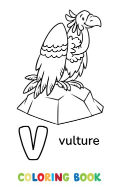 Akbaba kayanın tepesinde oturuyor. Komik çocuklar vektör illüstrasyonu. Hayvanlar için ABC boyama kitabı. V harfi
