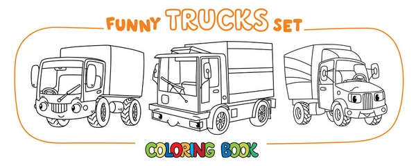 Carros Pequenos Caminhões Engraçados Conjunto Livros Para Colorir Kids Vector —  Vetores de Stock