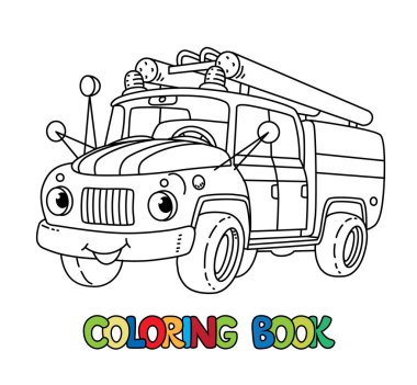 İtfaiye arabası ya da çocuklar için boyama kitabı. Gözü ve ağzı olan küçük komik vektör sevimli retro araba. Çocuk vektör çizimi. İtfaiye aracı