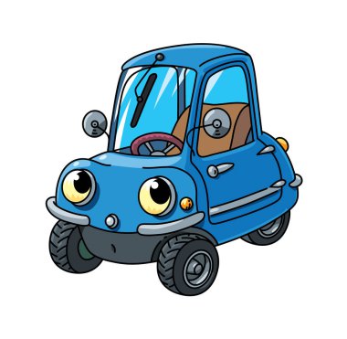 Small retro single-seat car. Funny vector cute tricycle vehicle with eyes and mouth. Children vector illustration