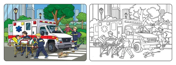 Paramédicos Médico Levam Paciente Ambulância Livro Colorir Crianças Vetor Ilustração Ilustração De Stock