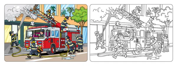 Feuerwehrleute Löschen Einen Brand Einem Gebäude Neben Einem Feuerwehrauto Kindervektorillustration Vektorgrafiken