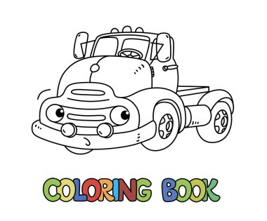 Çocuklar için küçük komik bir vintage kamyon, kamyon ya da yarı kamyon boyama kitabı. COE ya da taksi, motor kamyonunu ezer. Ağzı ve gözleri olan şirin bir araba. Çocuk vektör illüstrasyonu