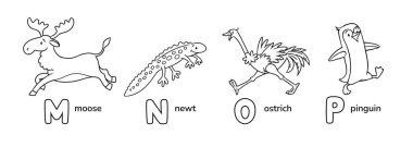 Geyik ve semender, devekuşu ve penguen. Çocuk vektör çizimi. Hayvanlar için ABC boyama kitabı. M, N, O, P harfi