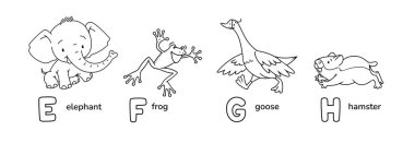 Fil ve kurbağa, kaz ve hamster. Hayvanlar için ABC boyama kitabı. E, F, G, H harfi