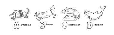 Armadillo, kunduz, bumelion ve yunus. Komik küçük hayvanlar Çocuklar vektör illüstrasyonu. Hayvanlar için ABC boyama kitabı. A B C D harfi.