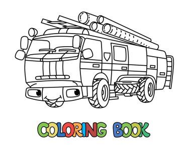 İtfaiye arabası ya da çocuklar için boyama kitabı. Gözü ve ağzı olan komik, şirin bir araba. Çocuk vektör çizimi. İtfaiye aracı