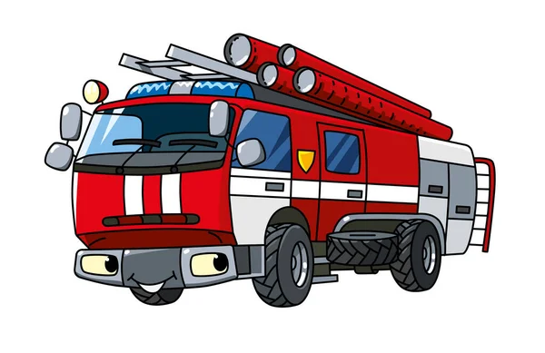 Fire Truck Machine Small Funny Vector Cute Car Eyes Mouth — Stock Vector