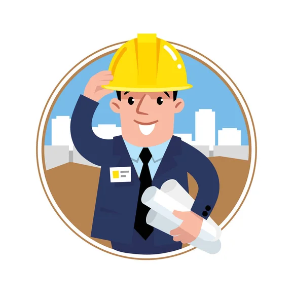 Funny Construction Worker Engineer Architect Holding Projects Blueprints Cartoon Character — Stock Vector