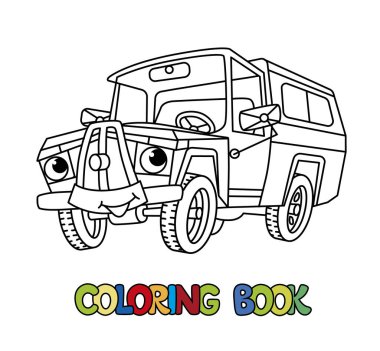 Çocuklar için küçük, komik, eski bir kamyonet ya da kamyonet boyama kitabı. Gözü ve ağzı olan komik, şirin bir araba. Çocuk vektör illüstrasyonu