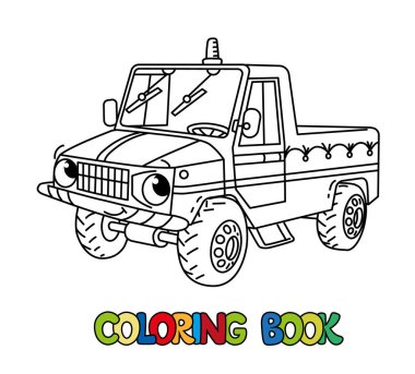 Çocuklar için araba ya da kamyon boyama kitabı. Gözü ve ağzı olan komik, şirin bir araç. Çocuk vektör çizimi. Aerodrome vintage makineleri