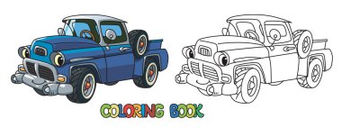 Small funny old truck or lorry or semi-truck coloring book for kids. Cute car with eyes and mouth. Children vector illustration