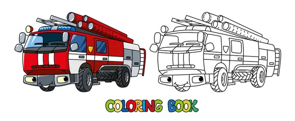 Camion Dei Pompieri Macchina Colorare Libro Bambini Piccolo Vettore Divertente — Vettoriale Stock