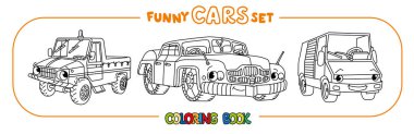 Eski komik arabalar. Gözü ve ağzı olan küçük, komik, sevimli araçlar. Çocuk vektör çizimi. Çocuklar için boyama kitabı