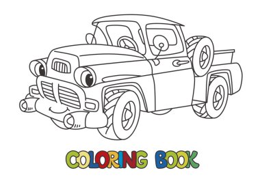 Küçük komik eski bir kamyon, kamyon ya da çocuklar için yarı kamyon boyama kitabı. Ağzı ve gözleri olan şirin bir araba. Çocuk vektör illüstrasyonu