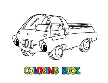Çocuklar için küçük bir retro araba boyama kitabı. Gözü ve ağzı olan komik bir araç. Boyama kitabı. Çocuk vektör illüstrasyonu