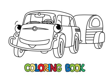 Çocuklar için karavan boyama kitabı olan küçük bir retro araba. Gözü ve ağzı olan komik bir araç. Boyama kitabı. Çocuk vektör illüstrasyonu