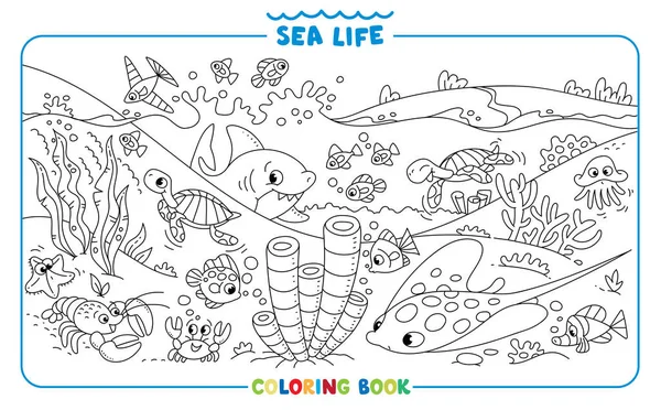 Życie Morskie Duży Zestaw Kolorowanki Wesołych Zabawnych Małych Zwierząt Morskich Wektory Stockowe bez tantiem