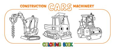 Komik belediye ve inşaat arabaları. Gözü ve ağzı olan küçük, komik, sevimli araçlar. Çocuk vektör çizimi. Çocuklar için boyama kitabı