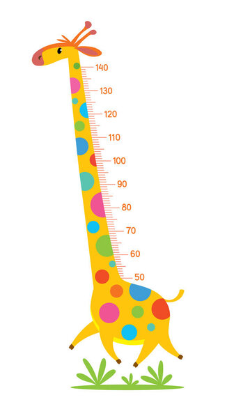 Веселый смешной жираф с длинной шеей. Высотный метр или метровая стена или наклейка на стену. Векторная иллюстрация детей с шкалой от 50 до 140 см для измерения роста