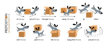Dog and the box. Preposition of movements for learning English. Children vector cartoon with description of funny animal and the box. Isolated illustration on white background for kids clipart