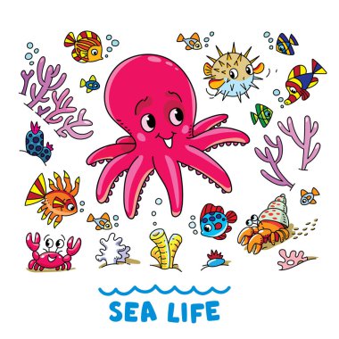 Deniz hayatı. Deniz tabanının yanındaki su altında tuhaf küçük ahtapot ve deniz hayvanları. Çocuk vektör illüstrasyonu,
