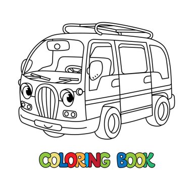 Minibüs ya da yemek kamyonu boyama kitabı. Gözü ve ağzı olan komik, şirin bir araç. Çocuk vektör illüstrasyonu