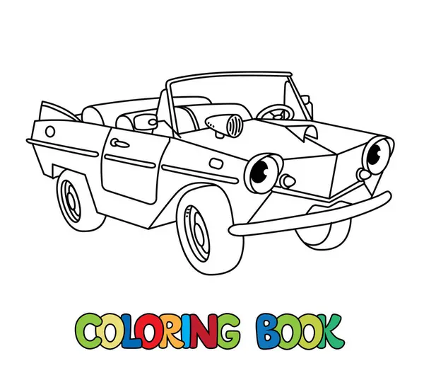 stock vector Small retro car coloring book for kids. Funny vector cute vehicle with eyes and mouth. Coloring book. Children vector illustration