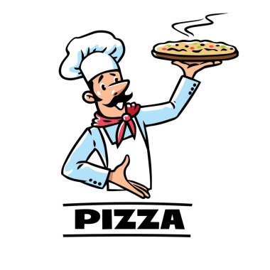 Pizzalı şef. Komik adamın, pizza şefinin, fırıncının ya da aşçının amblem tasarımı. Vektör çizimi. Logolu çizgi film karakteri. Pizzacı işareti.